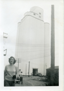 Mayer-Osborn elevator at McCook, Neb. during a family visit, ca 1950. This elevator was the first of its type, a model for the later Blencoe elevator.